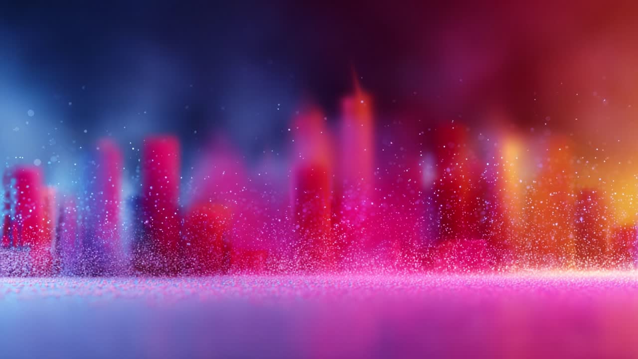 An Enigmatic Urban Landscape Shimmers with Vibrant Colors and Ethereal Light, Showcasing a Dreamlike Environment Filled with Misty Particles and Vivid Silhouettes of Modern High-Rise Buildings