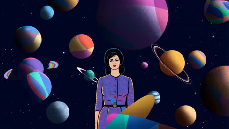 retro woman in colorful cosmic landscape