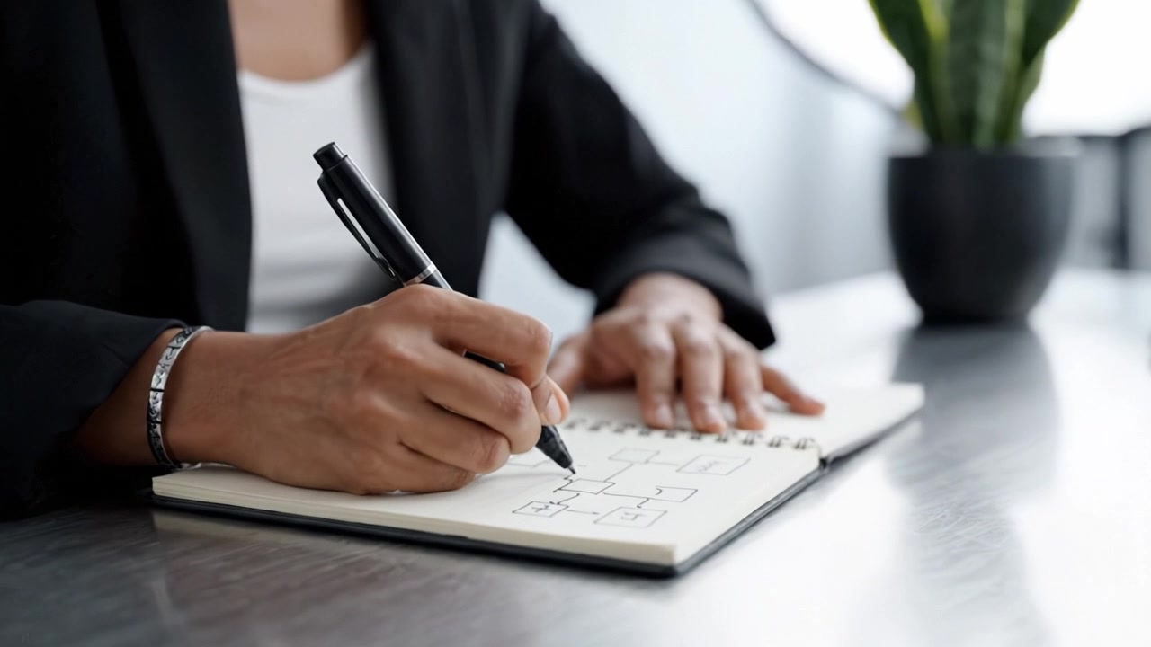 Focused professional woman in a black suit diligently writing notes and sketching diagrams in a notebook while seated at a sleek modern office desk.
