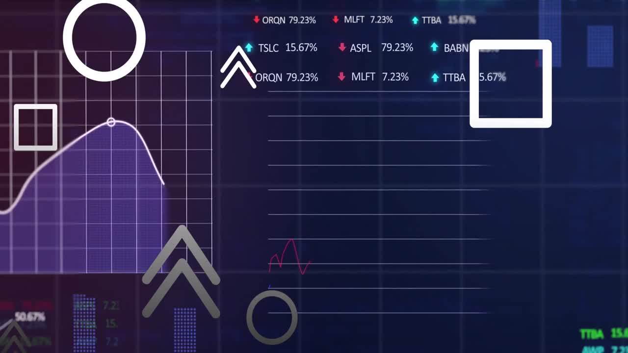 animación de flechas hacia arriba, formas geométricas, tablero de negociación y múltiples gráficos en fondo azul.
