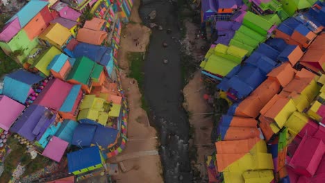 flying over jodipan kampung biru arema rainbow village, aerial