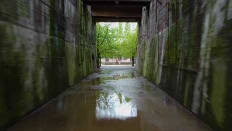 narrow alleyway with a stone tunnel the walls of the tunnel are made of concrete and have several windows along them there is a walkway running through the centre of the tunnel trees on other side