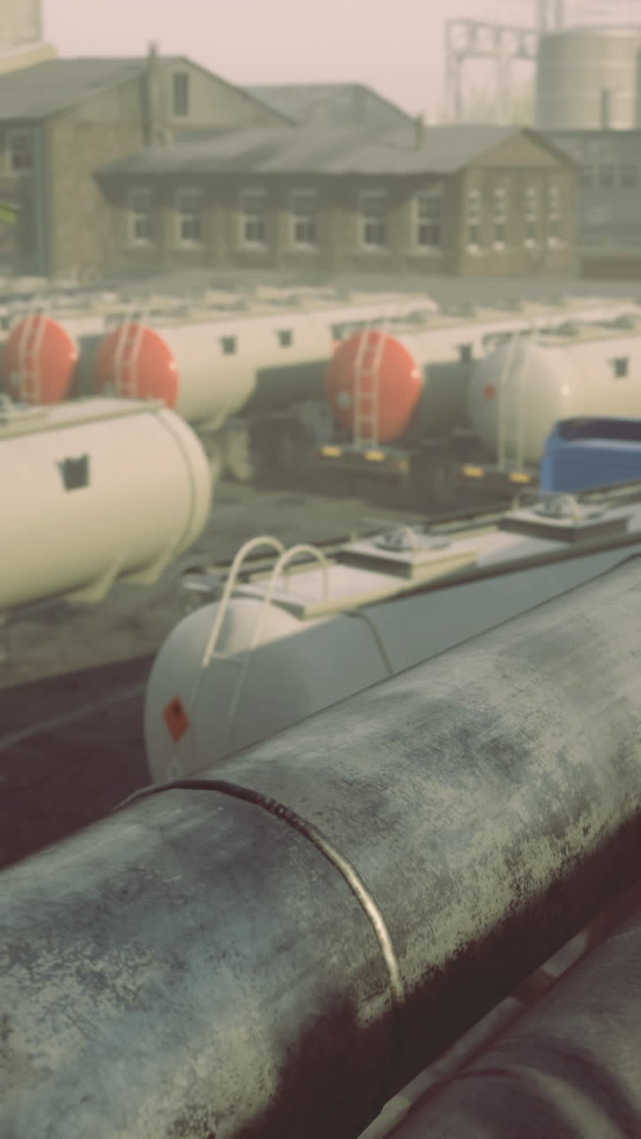 Industrial landscape with storage tanks and piping system during early morning