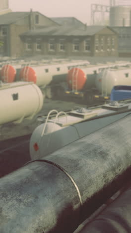 industrial landscape with storage tanks and piping system during early morning