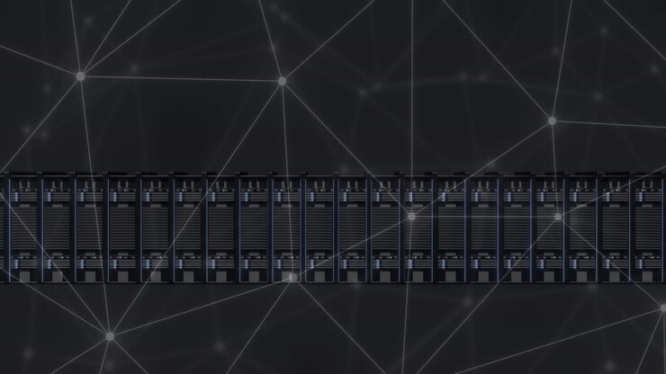 Animazione di una rete di connessioni ed elaborazione dati su server.