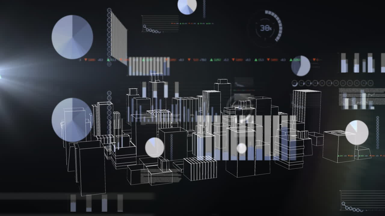 Digital data and graphs overlaying futuristic cityscape buildings in animation