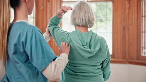 healthcare, nurse and senior woman with exercise