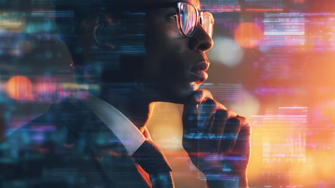 Contemplative Businessman Analyzing Digital Data in an Abstract Environment, Blended Reality Tech Visions Supplemented with Colorful Graphic Elements