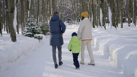 family winter walk in snowy park