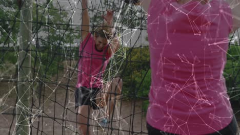 animation of shapes over diverse women at obstacle course climbing