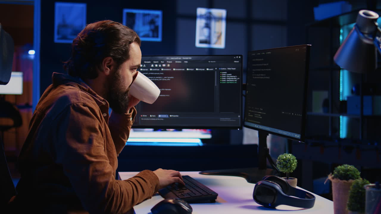 IT specialist brainstorming ways of solving database errors, working hard