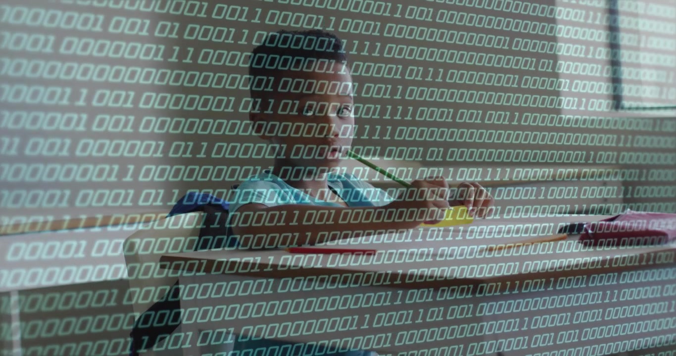 Boy sitting by window reaching for yellow toy, moving it across inspecting, binary tech overlaying