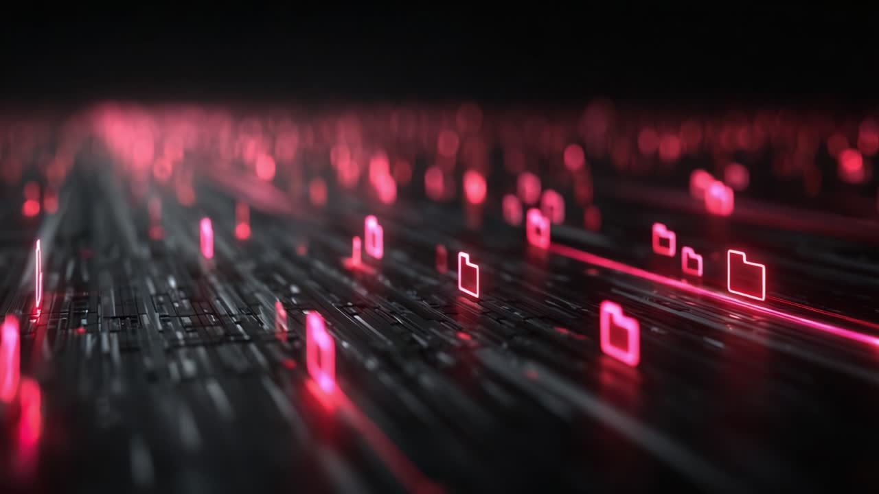 Vibrant Abstract Digital Landscape: A Stunning Visual Display of Neon-Illuminated Data File Icons Scattered Across a Futuristic Tech Background