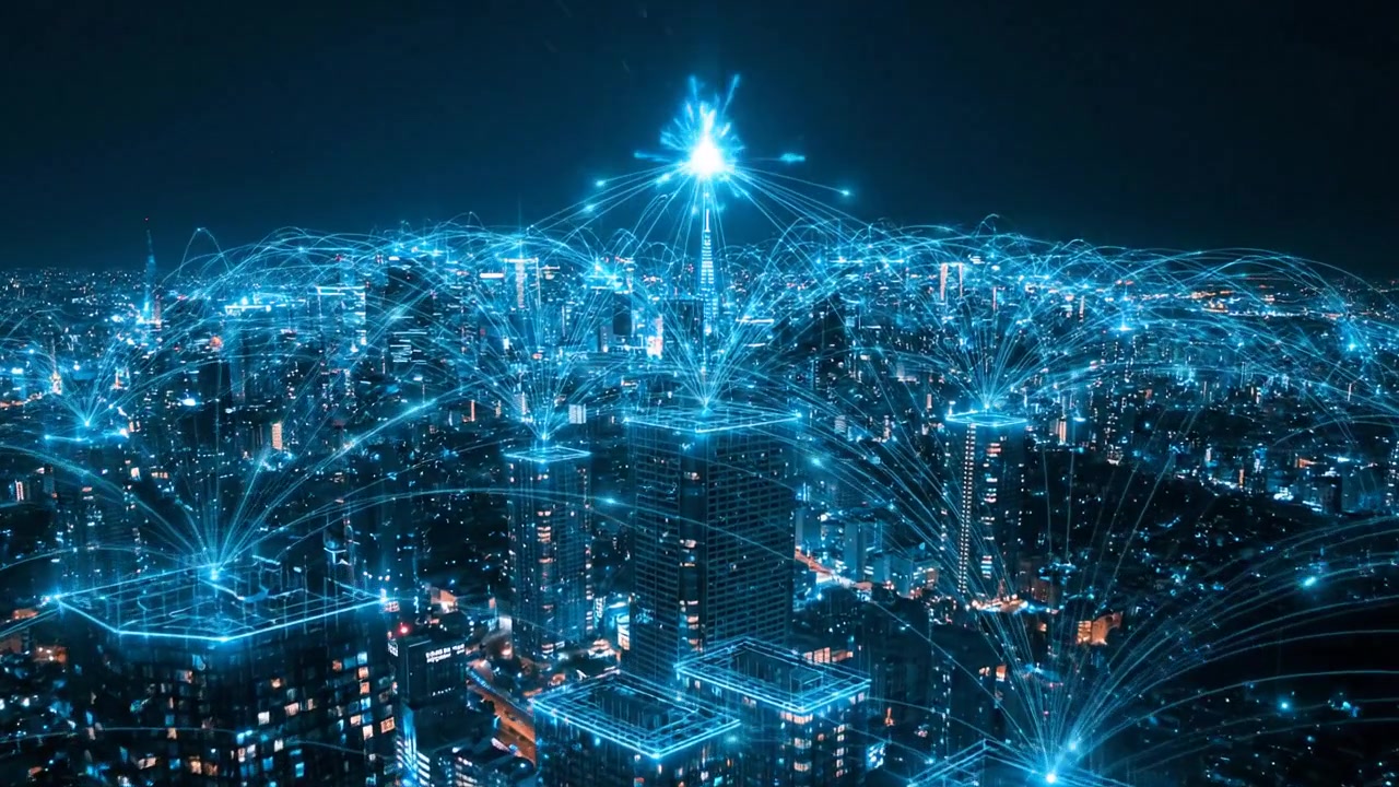 Connessioni di rete digitali sullo skyline di una città moderna di notte
