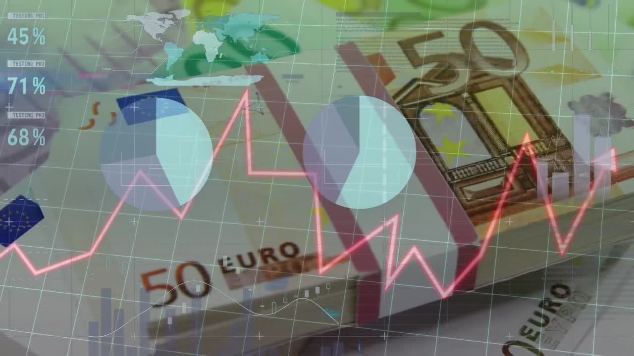 다중 그래프, 지도 및 유로 화폐에 대한 거래 보드의 애니메이션