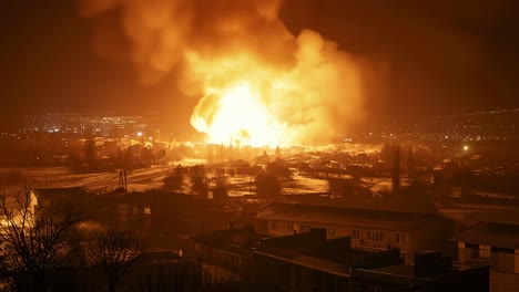 massive flames consuming residential structures, dark smoke billowing against nighttime skyline, depicting urban destruction and fire related devastation