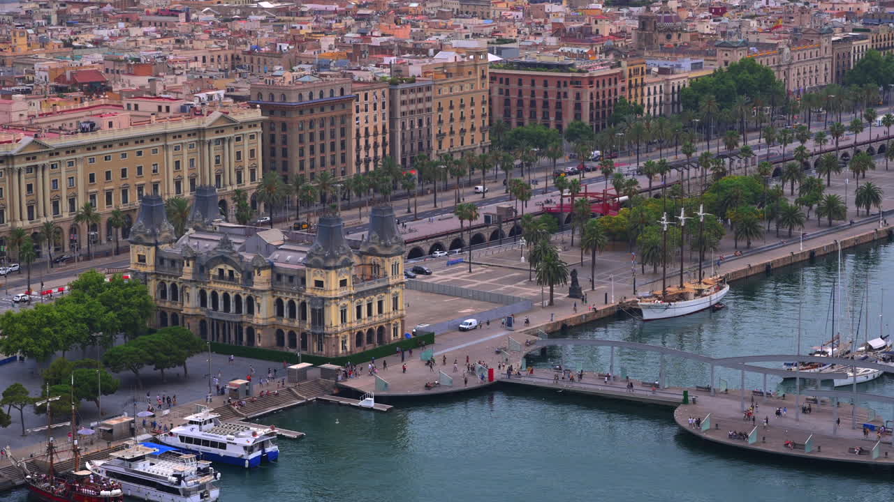 Aerial drone view of the Junta d'Obres del Port building in Barcelona, Spain in the evening