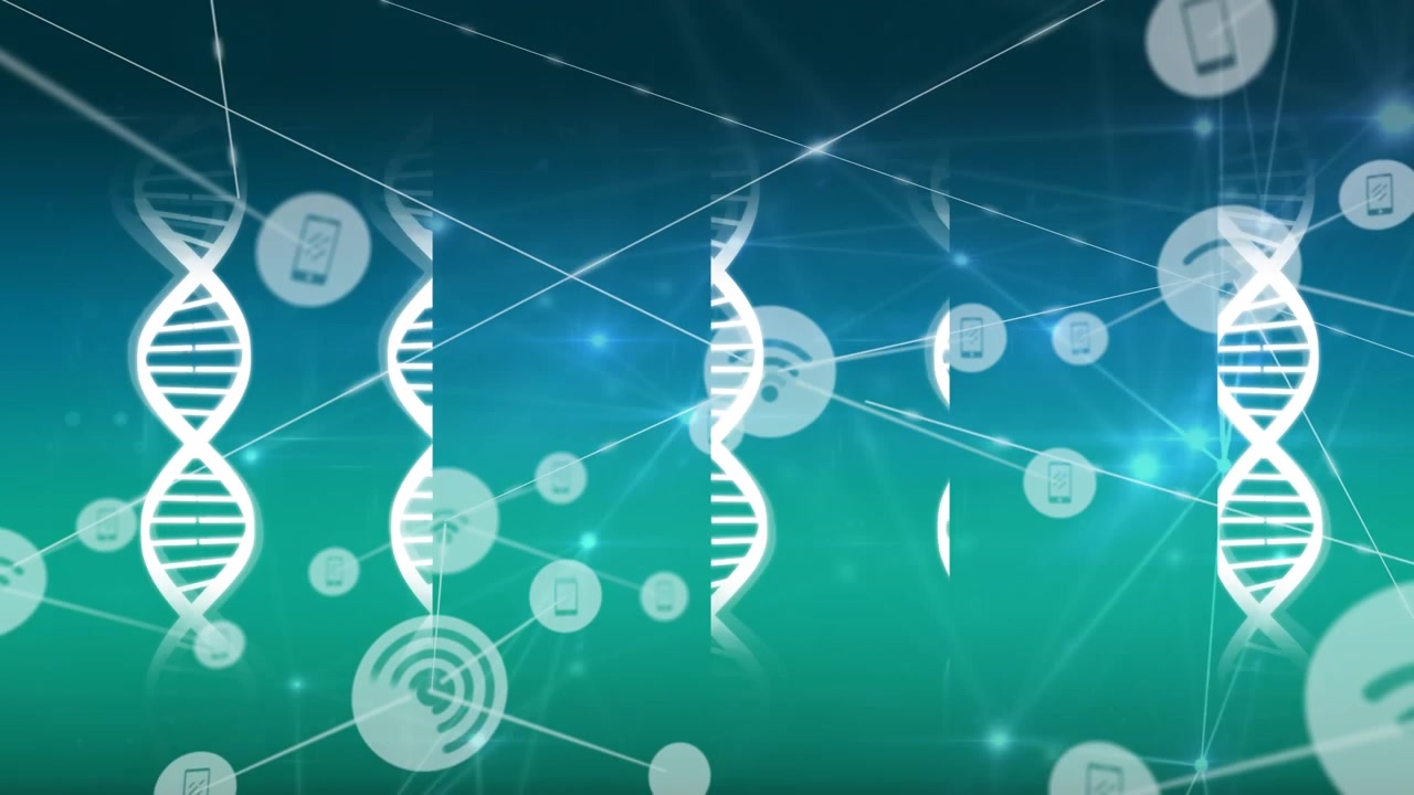Animation af netværk af forbindelser over en DNA-streng på grøn baggrund.