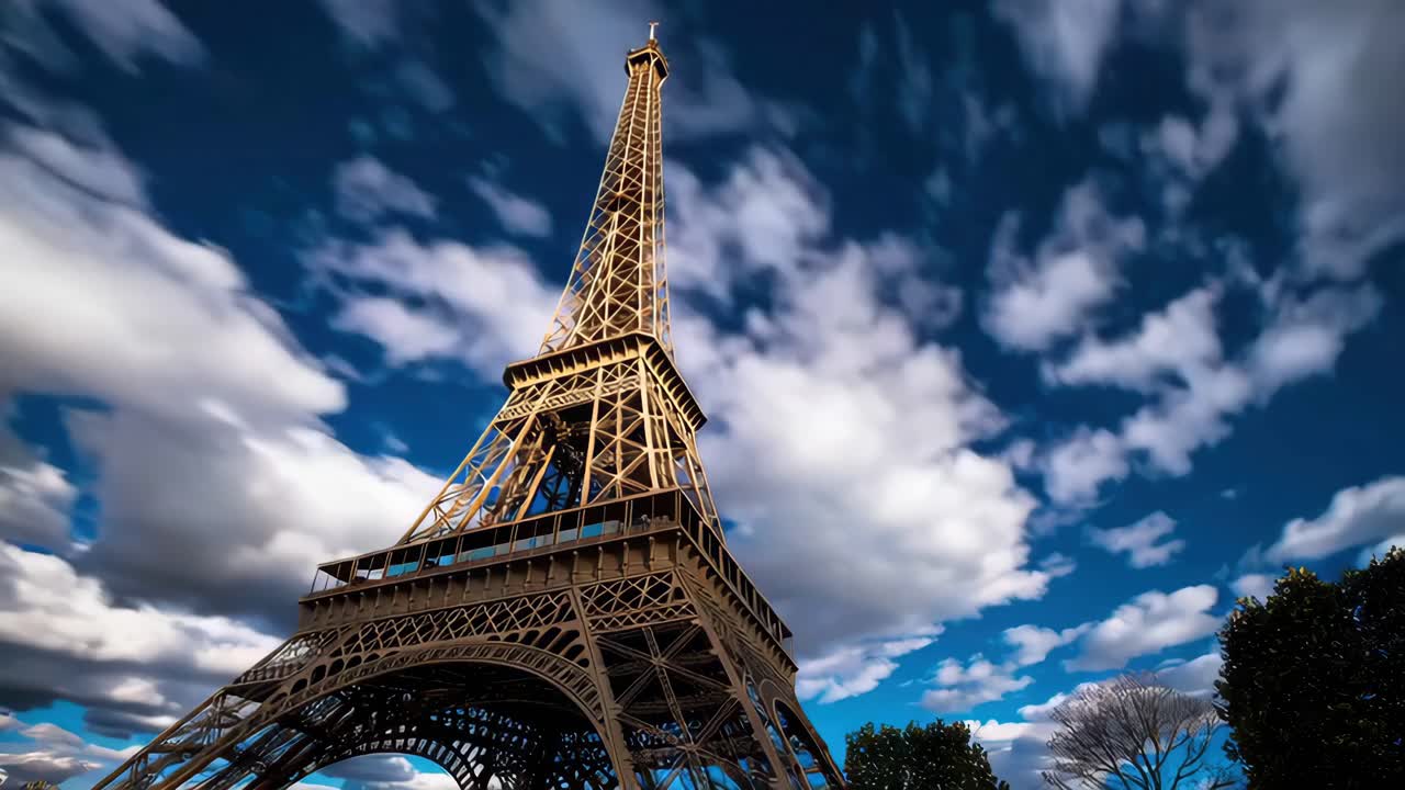 Ripresa video dinamica da un'angolazione bassa della Torre Eiffel contro un cielo vibrante, che ne cattura la grandiosità