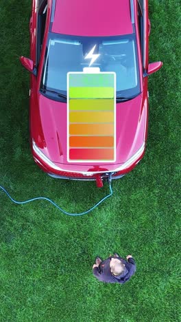 vertical drone shot of a man plugging in a charger to a ev car, battery icon