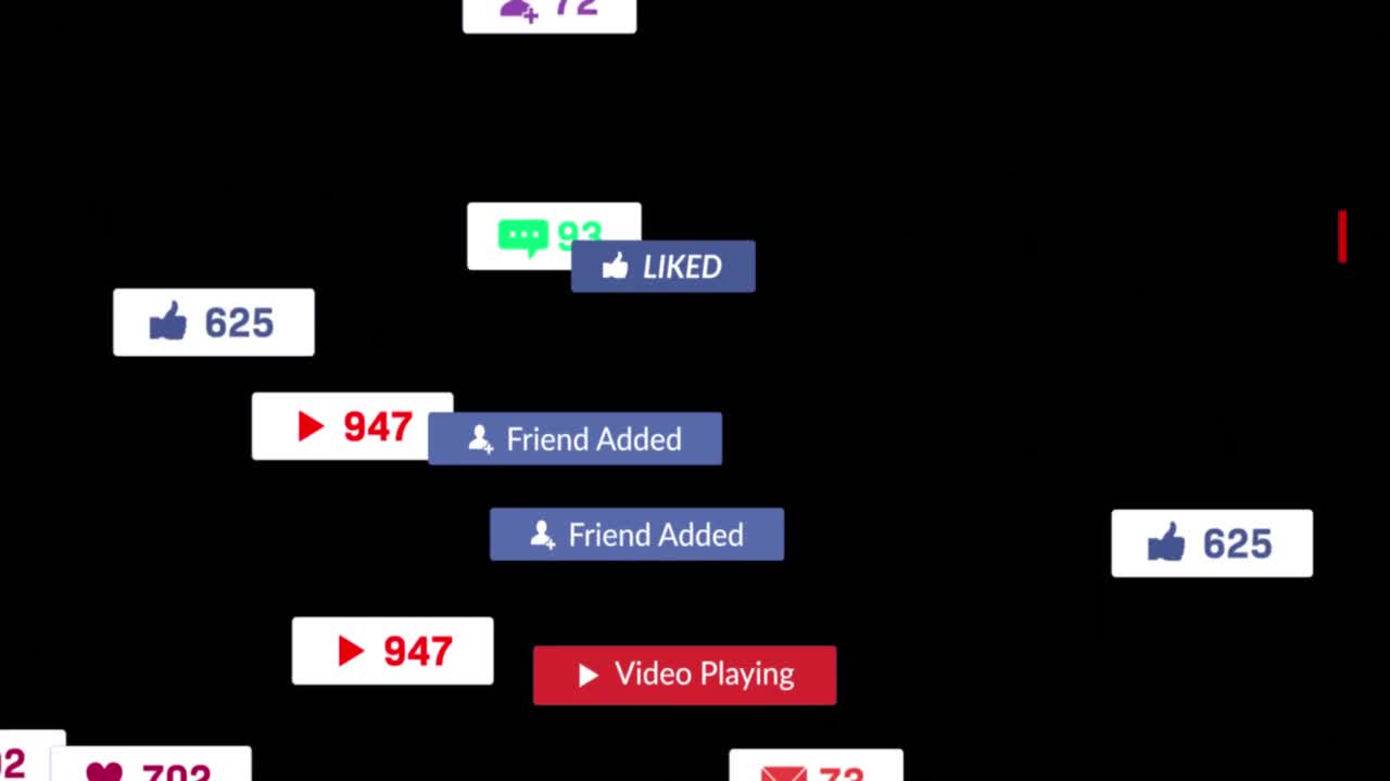 검은 바탕에 디지털 아이콘이 있는 배너에 있는 소셜 미디어 텍스트의 애니메이션