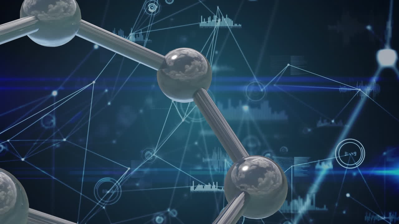 파란색 배경에 네트워크를 통해 분자의 마이크로 3d 애니메이션