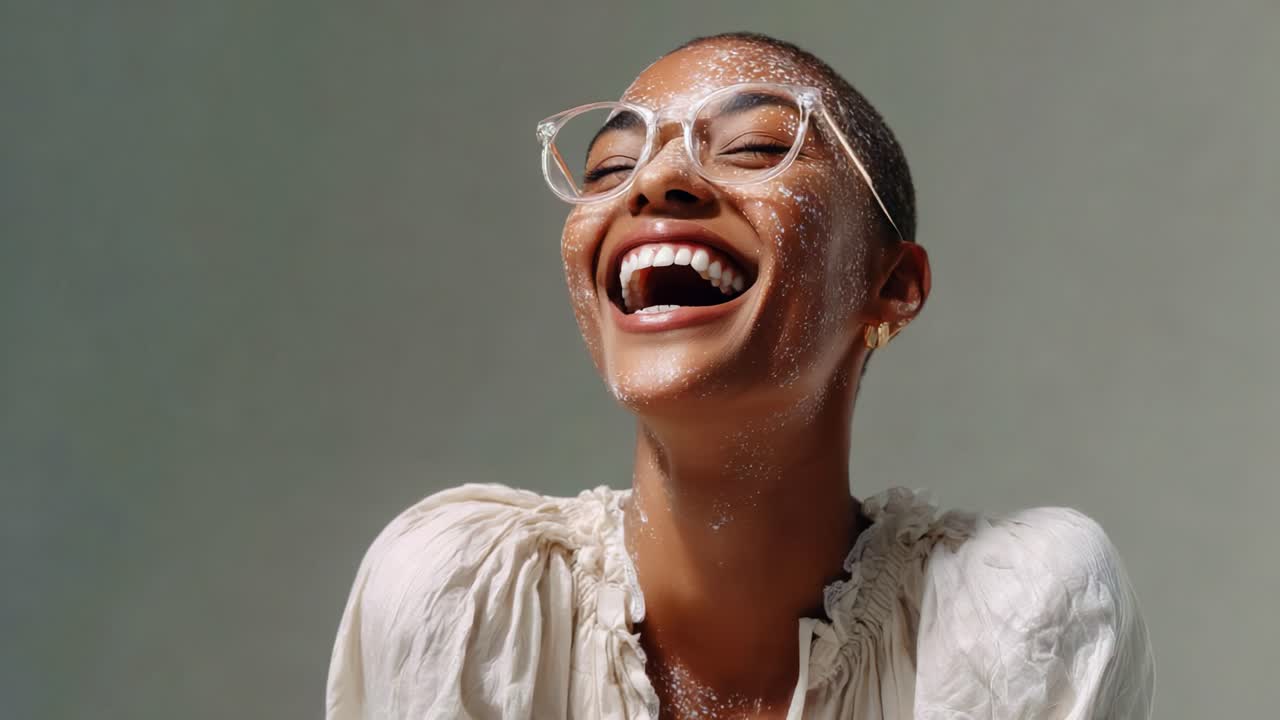 A Joyful Moment Captured: A Woman with Short Hair Laughing Freely, Wearing Glasses, Radiating Happiness and Confidence Against a Soft Background, Enhanced by Sparkling Elements