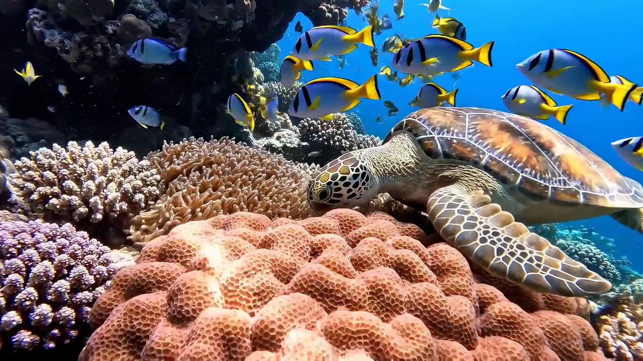 綠海龜棲息在繽紛的珊瑚礁上，周圍有熱帶魚。