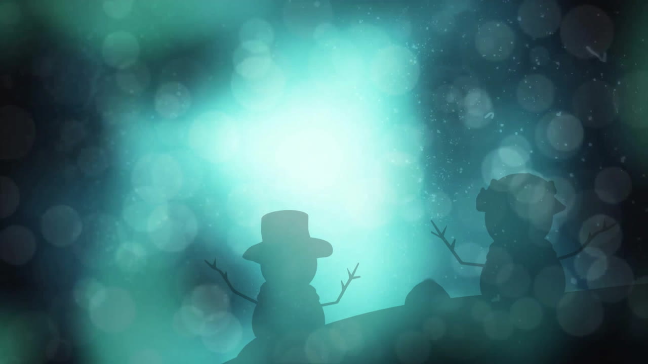 Animation of light spots over snowman silhouettes on black background at christmas