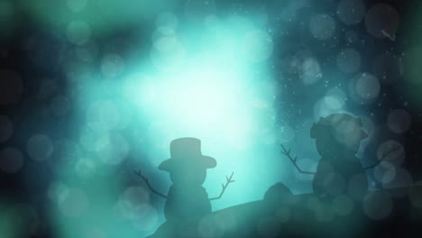 animation of light spots over snowman silhouettes on black background at christmas