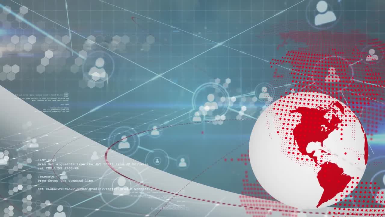 지구의 애니메이션, 데이터 처리 및 파란색 배경에 대한 연결 네트워크