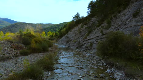 Vista-Aérea-Volando-Hacia-El-Río-Con-árboles-De-Otoño-En-Los-Pirineos-Españoles