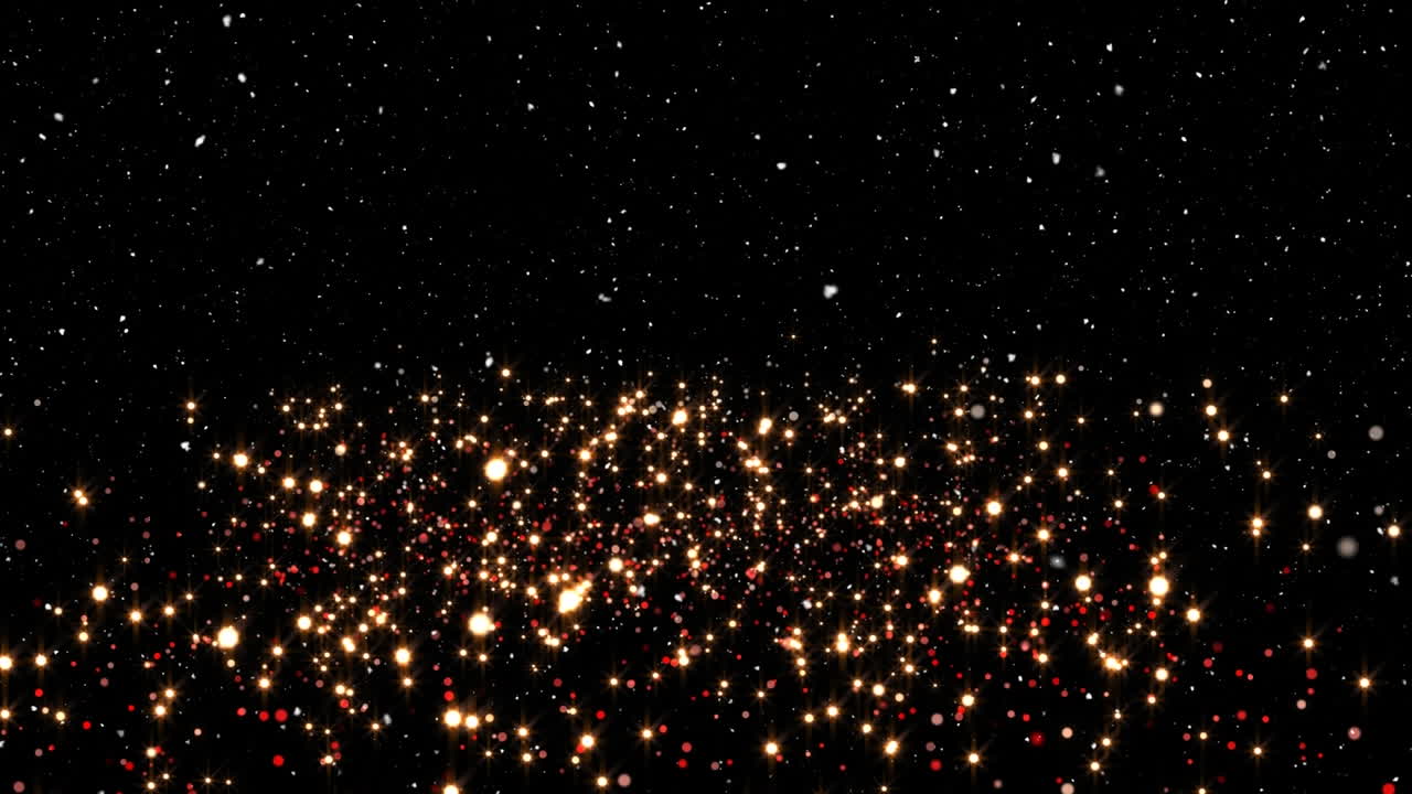 Animation of christmas snow falling over glowing spots of light on black background