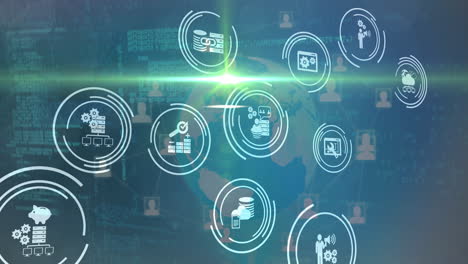 animación de iconos comerciales y procesamiento de datos en todo el mundo