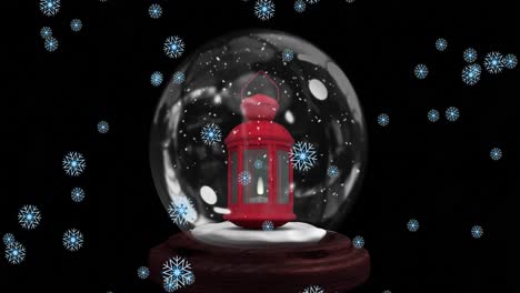Animation-of-snow-flakes-falling-over-christmas-lamp-in-a-snow-globe-against-black-background