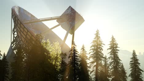 the observatory radio telescope in forest at sunset