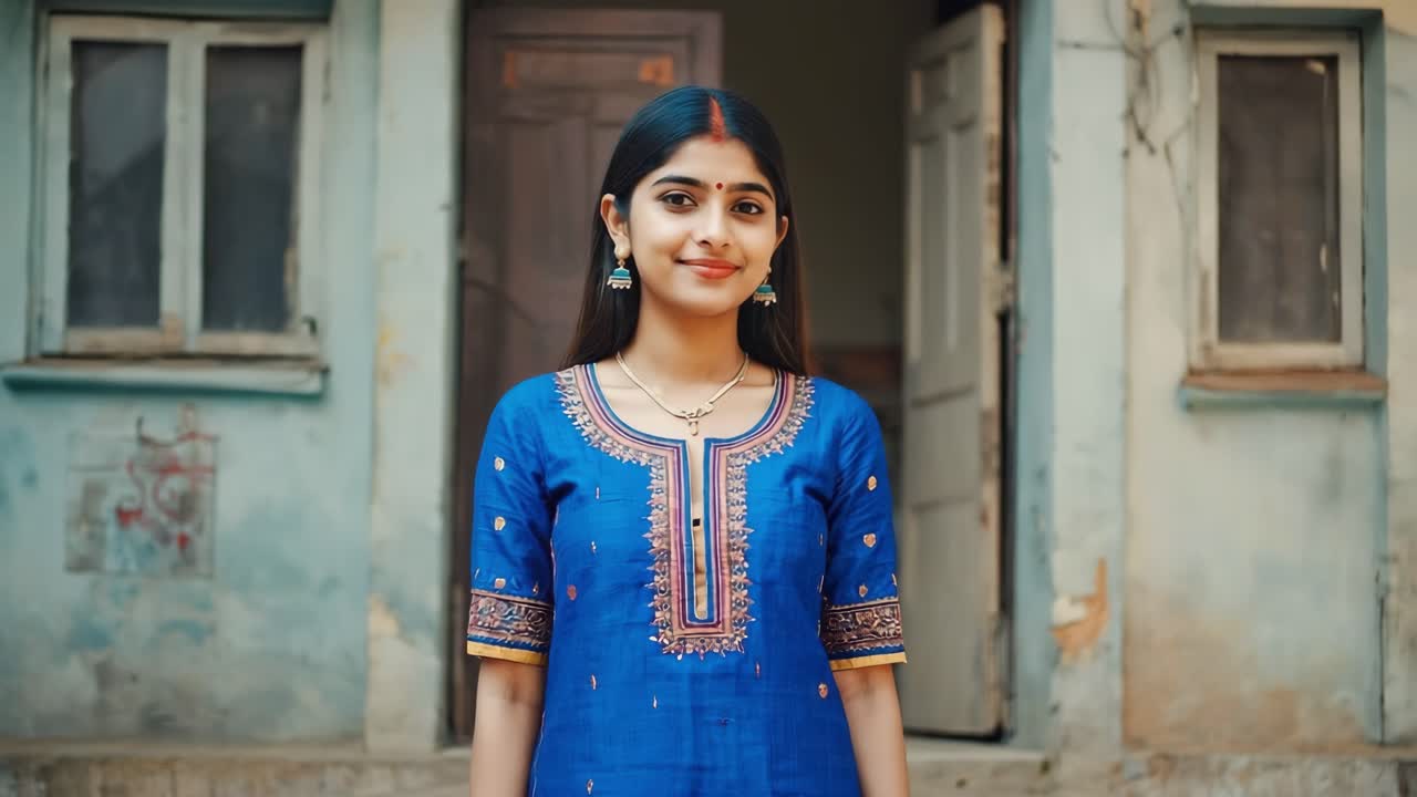 Confident and smiling young indian woman wearing traditional blue kurta is posing in front of her house entrance, showcasing cultural heritage and timeless elegance