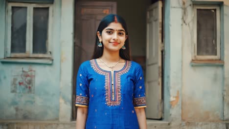 confident and smiling young indian woman wearing traditional blue kurta is posing in front of her house entrance, showcasing cultural heritage and timeless elegance