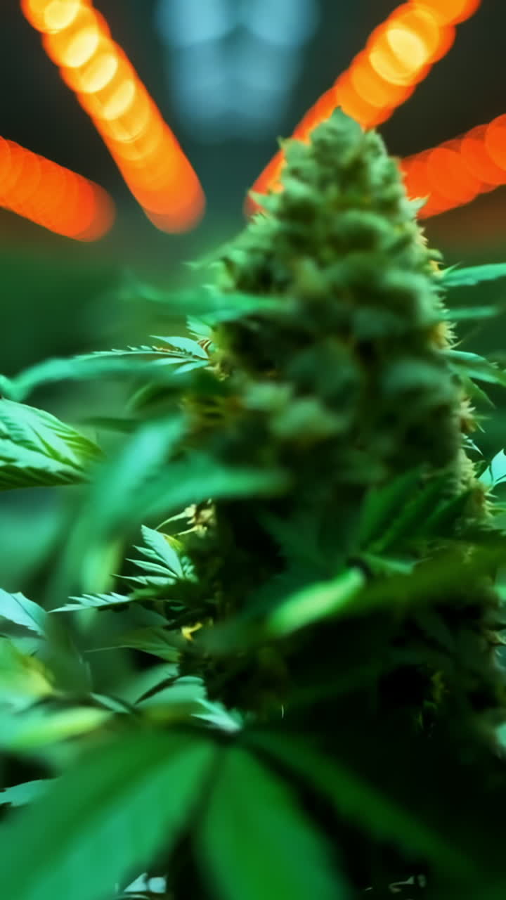 Cannabis Plant Growing Under LED Lights in Indoor Greenhouse. A vibrant cannabis plant thrives under warm LED lights in an indoor growing facility. Vertical video