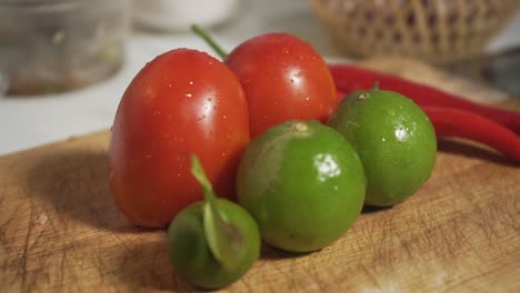 Beautiful-food-vegetables-on-the-cutting-board-with-camera's-angel-zoom-in