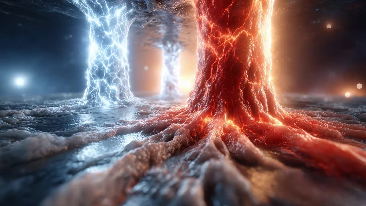 A Stunning Visual Representation of Elemental Forces: Two Powerful Energy Columns Erupting with Electric Blue and Fiery Red Light Below an Otherworldly Night Sky