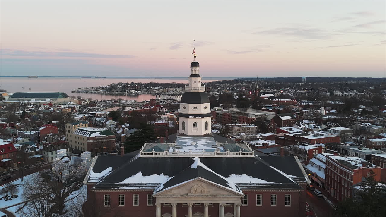 Maryland State House - State Capitol Building Of Annapolis in Maryland, USA. -aerial pullback shot