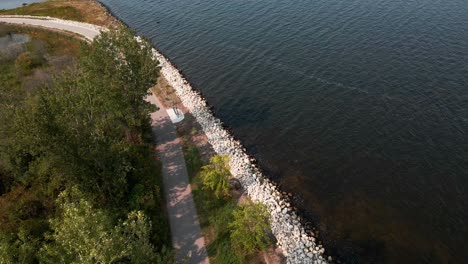 aerial point of view of the muskegon bike path along the coast of muskegon lake