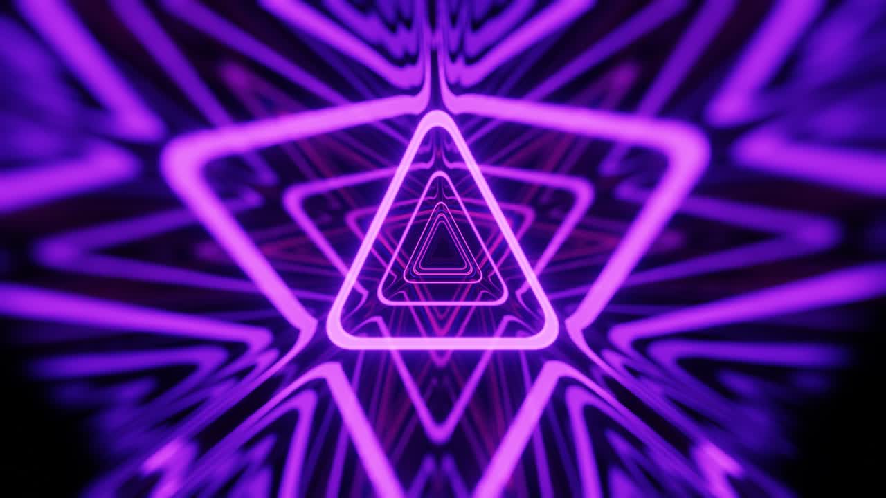 triangular tunnel. Fly through mirror tunnel with neon pattern, glow lines form sci fi pattern. Bright reflection neon light. Simple bright background, sci fi structure. 4k seamless looped animation.