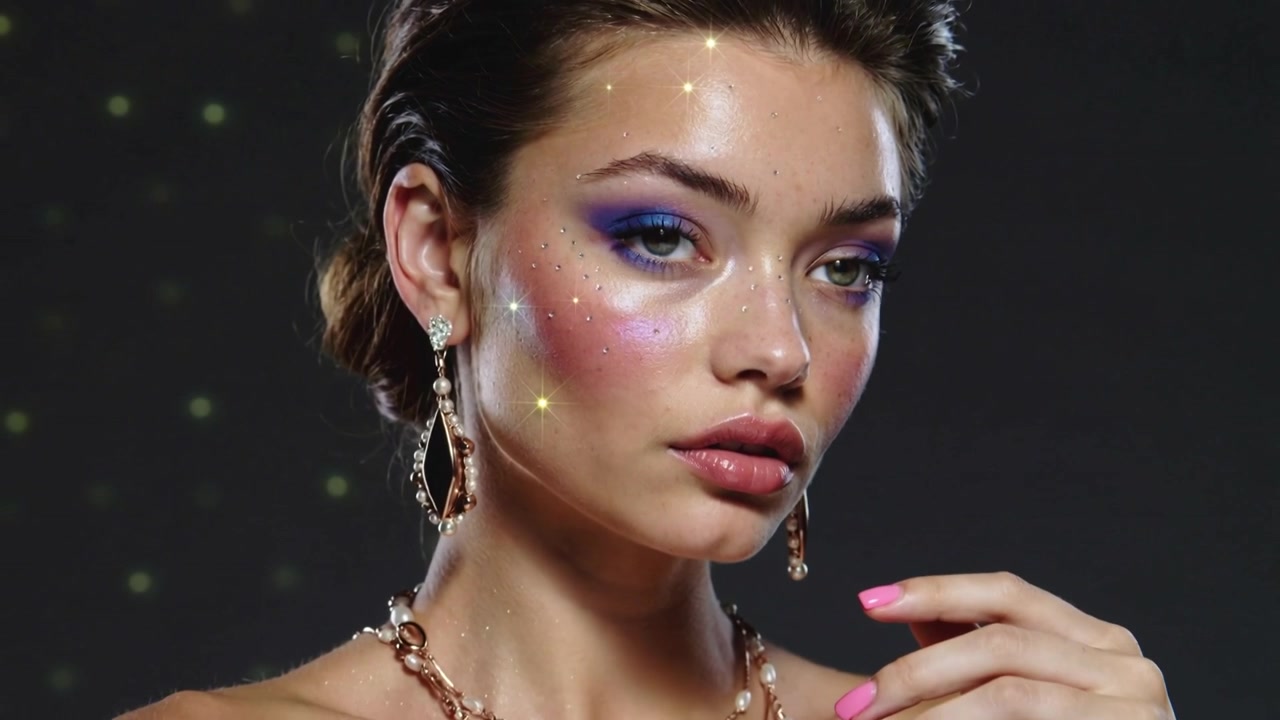 Macchina da presa che si allontana, modella che abbassa lo sguardo e gira la testa in studio, mostrando strass e trucco
