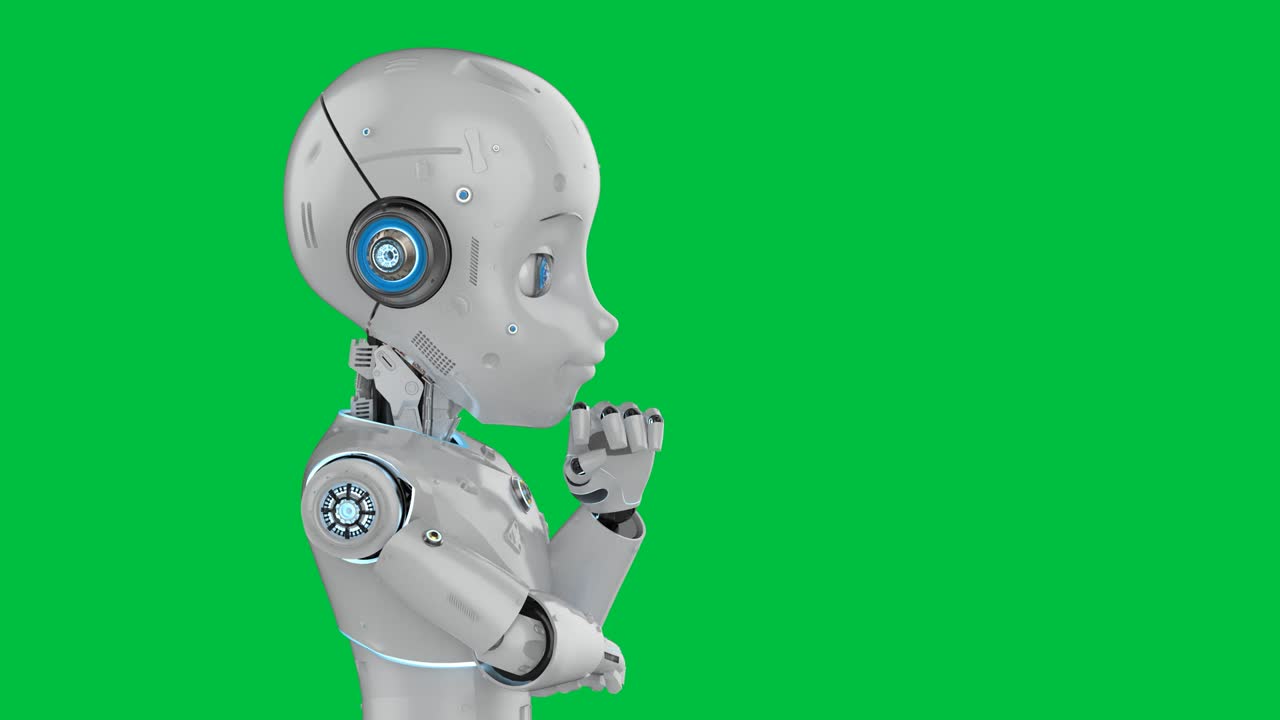 robot lindo con personaje de dibujos animados en la pantalla verde