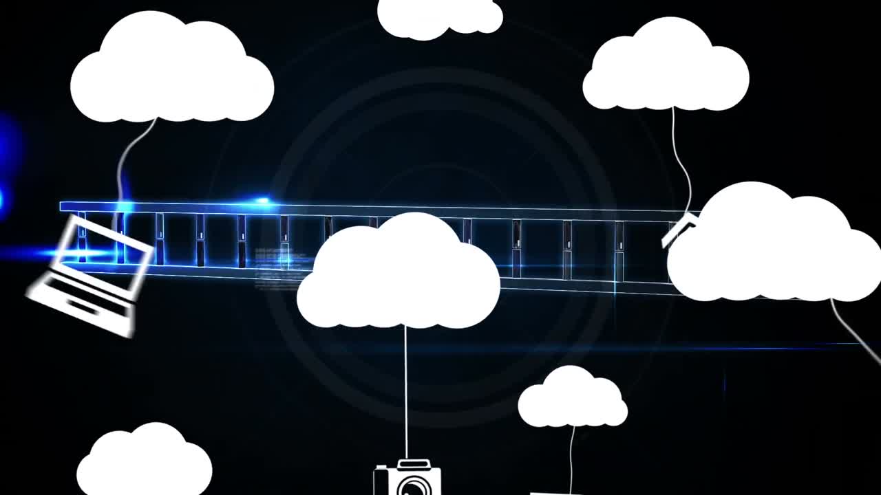 animación de iconos de medios y cadena de adn sobre un fondo negro