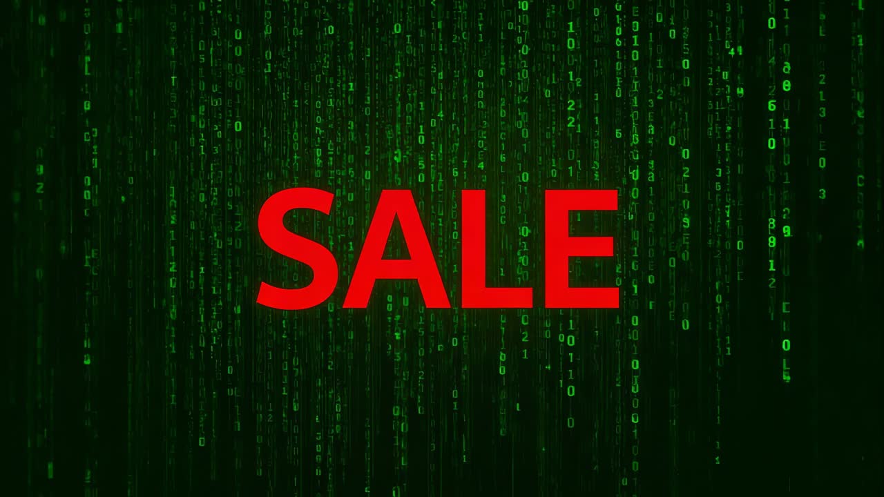 Начало зацикливания, жирный красный текст SALE остается в центре фона, падающий зеленый код продвигает распродажу