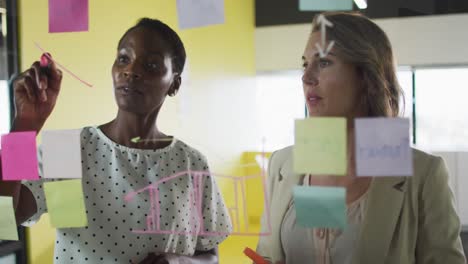 dos colegas femeninas diversas haciendo notas y discutiendo en el trabajo