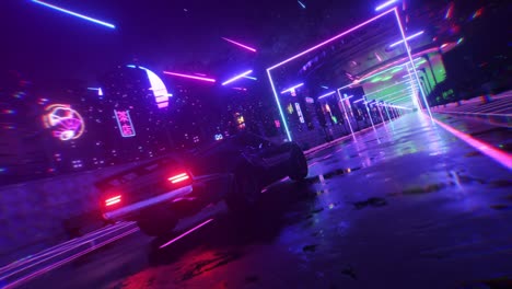 neon-lit retro futuristic city road